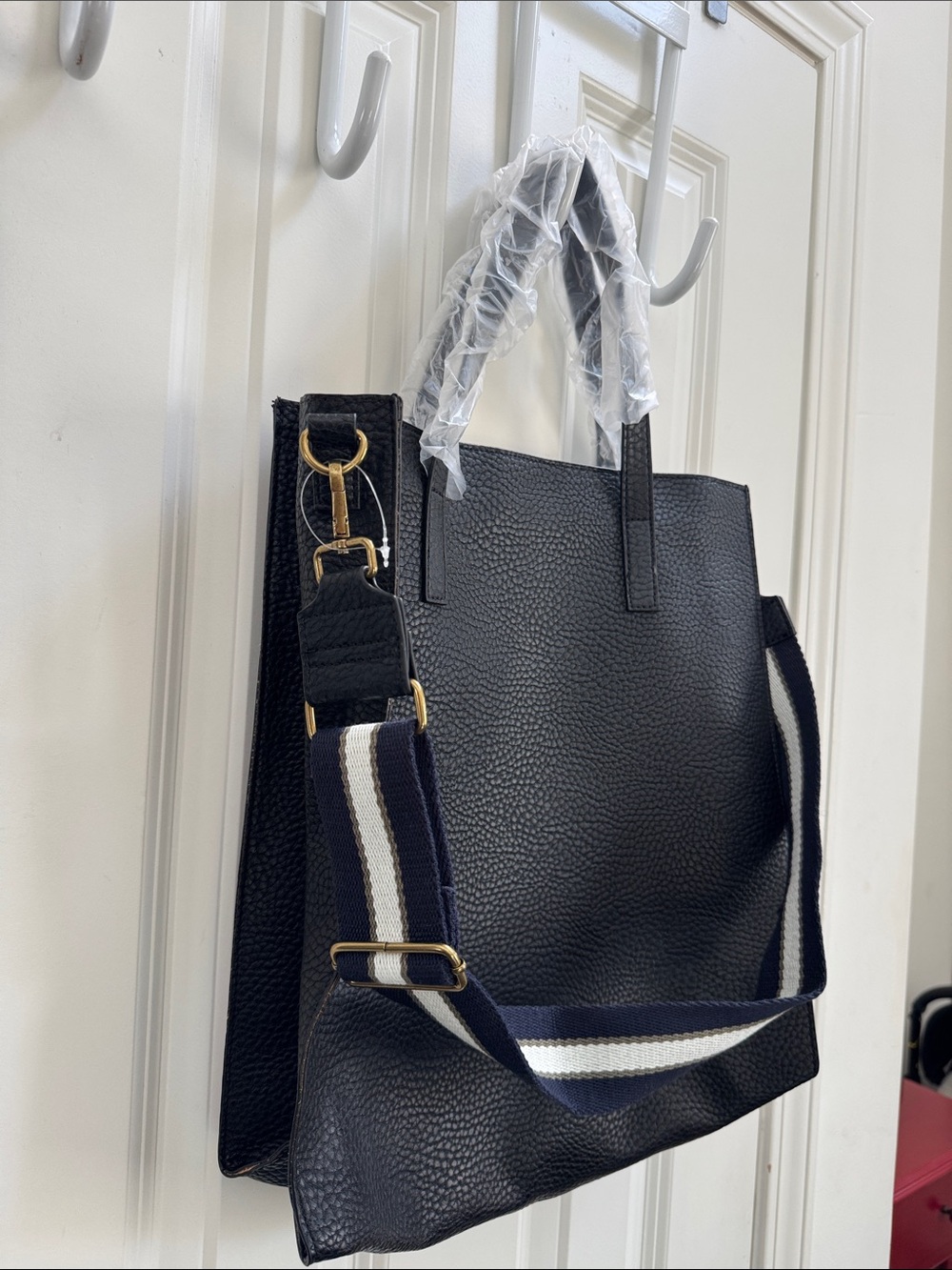 Barneys New York Black Pebble Leather Tote with Striped Navy-White Strap - Picture 2 of 10